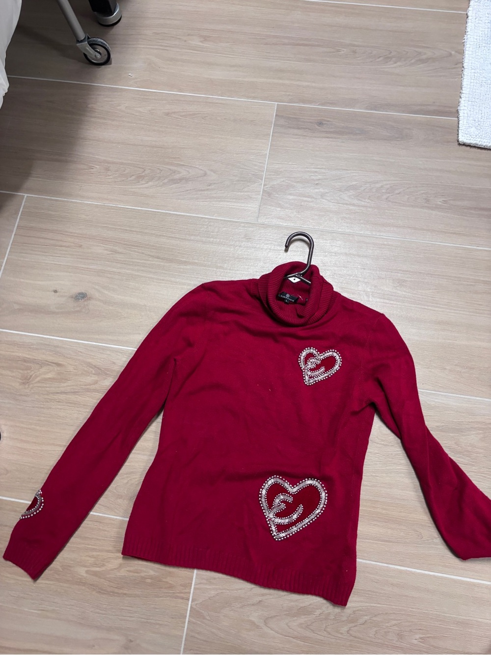 Yuu Red Turtleneck Sweater with Beaded Heart Accents